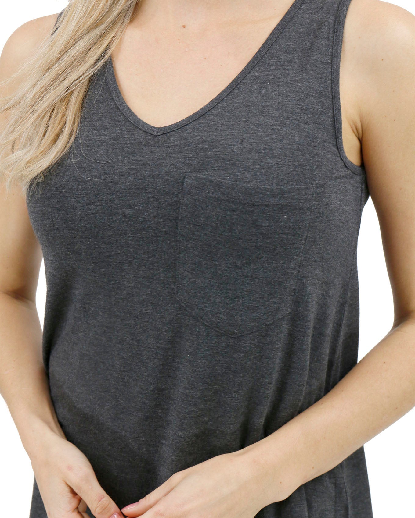 Close up stock shot of Charcoal Perfect Pocket V-Neck Tank