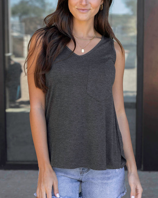Front view of Charcoal Perfect Pocket V-Neck Tank