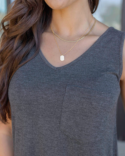 Close up view of Charcoal Perfect Pocket V-Neck Tank