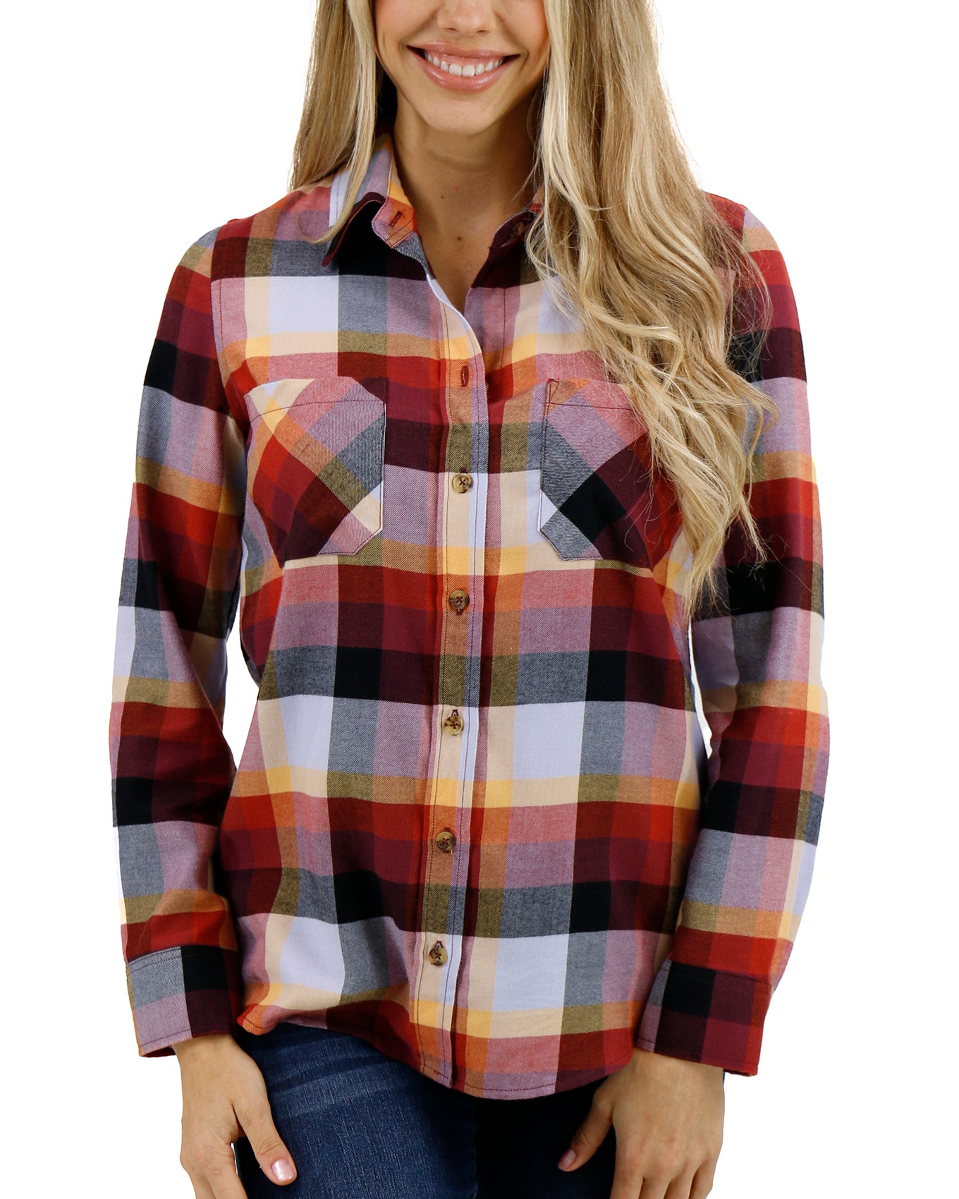 front view stock shot of plaid flannel top