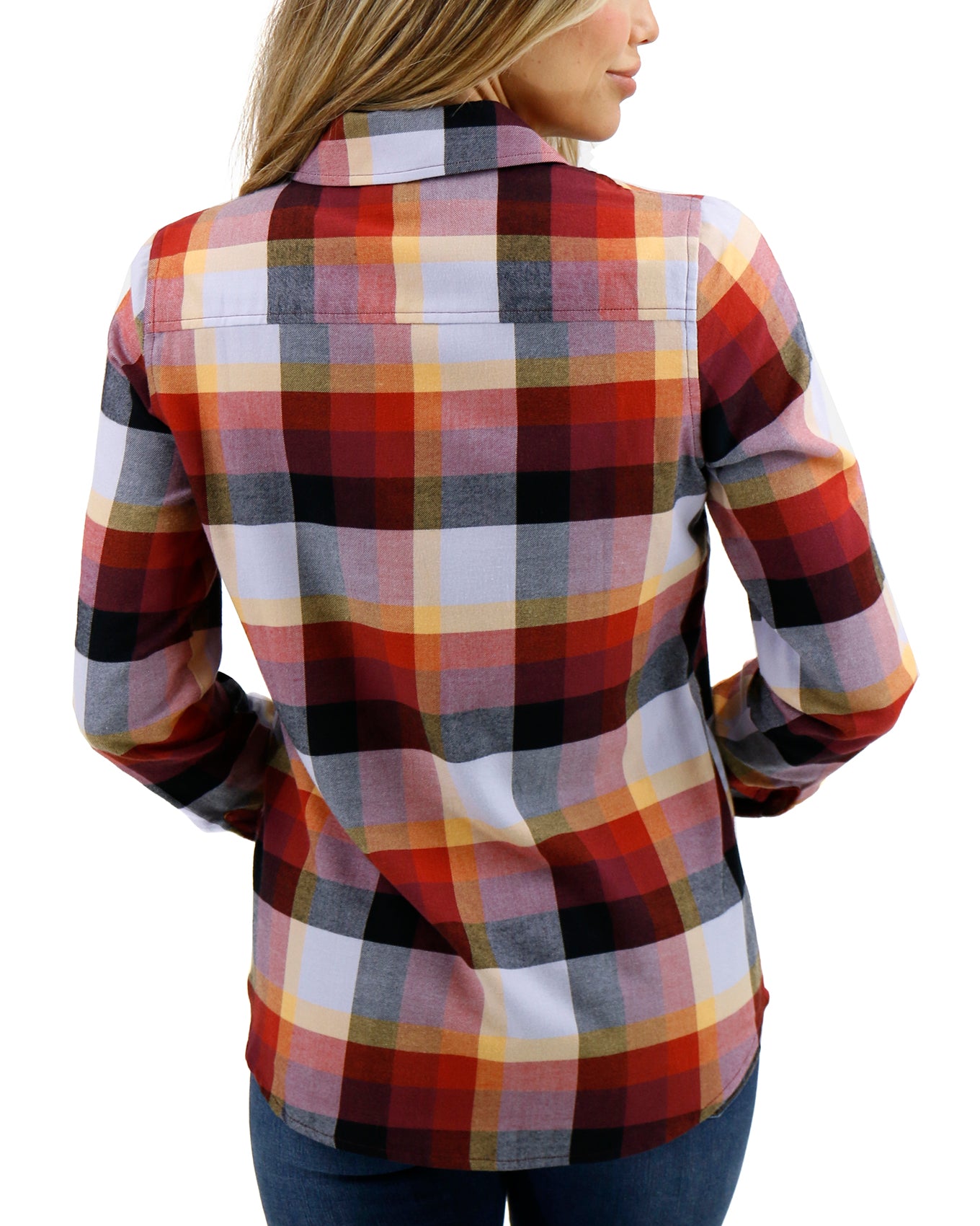 back stock shot view of plaid flannel top