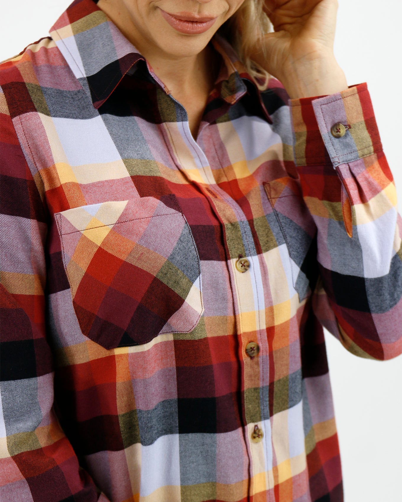 detail view of plaid flannel top