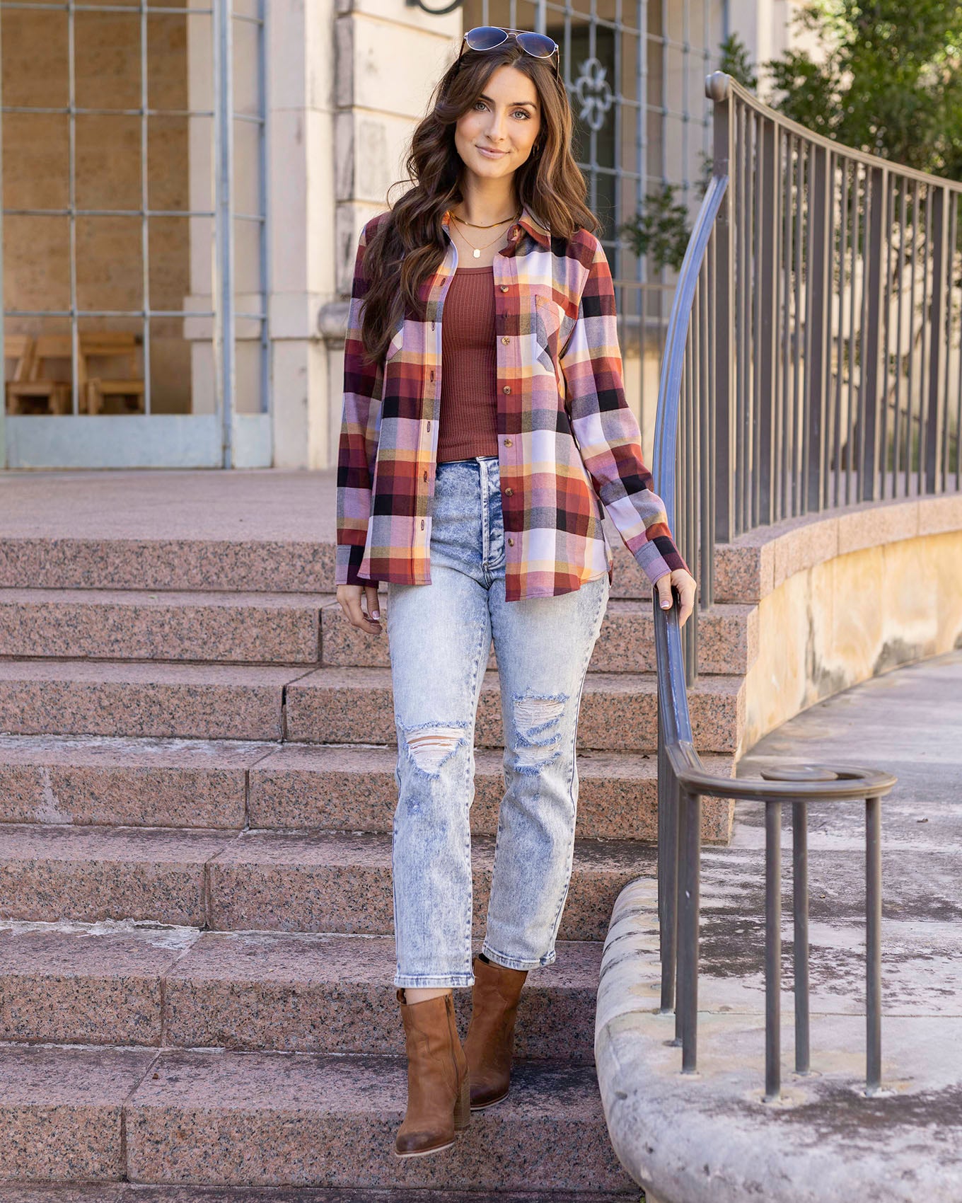 full body view of plaid flannel top