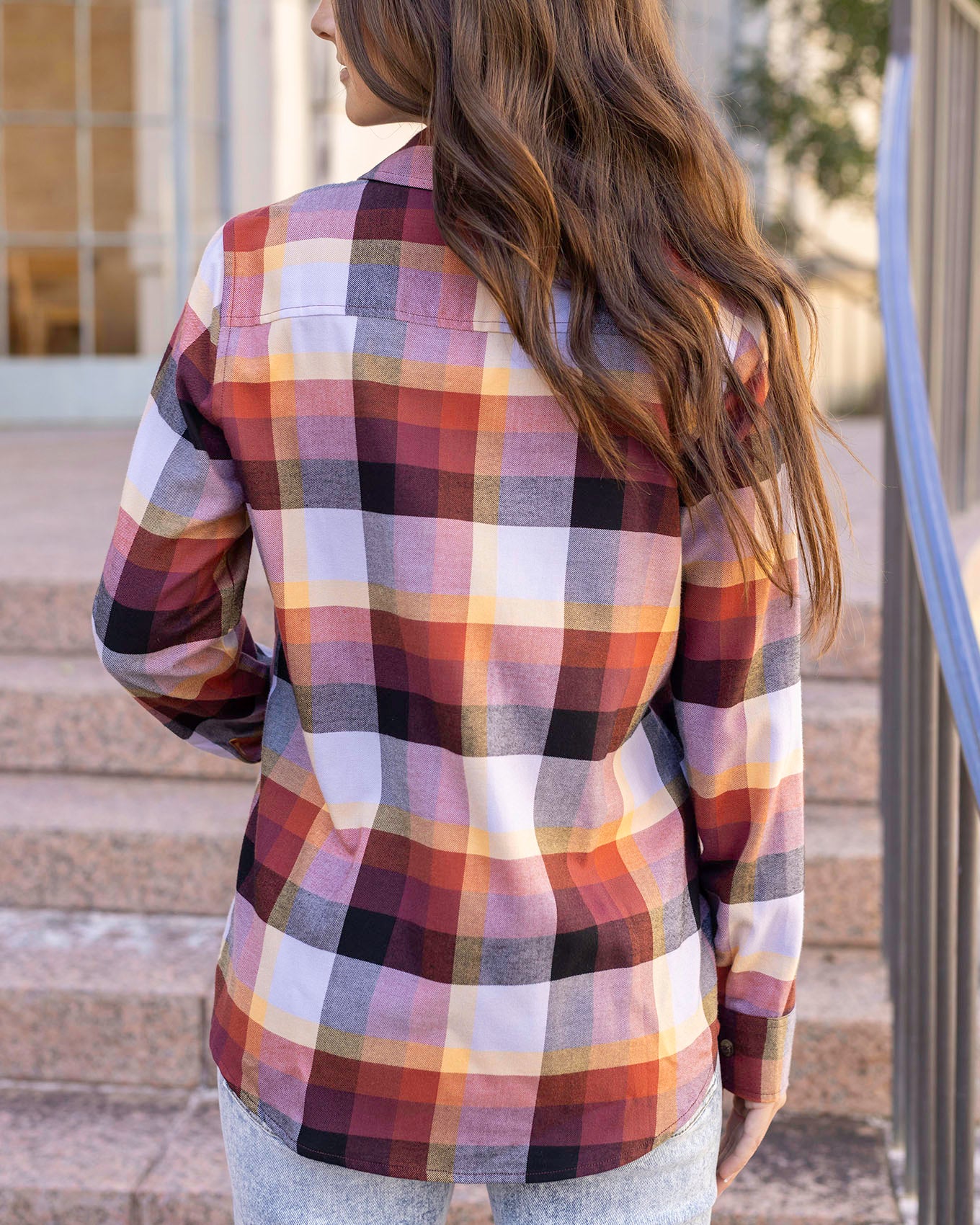 back view of plaid flannel top