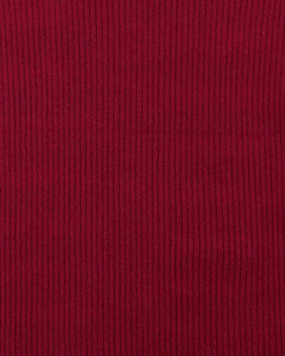 detail view of red ribbed turtle neck