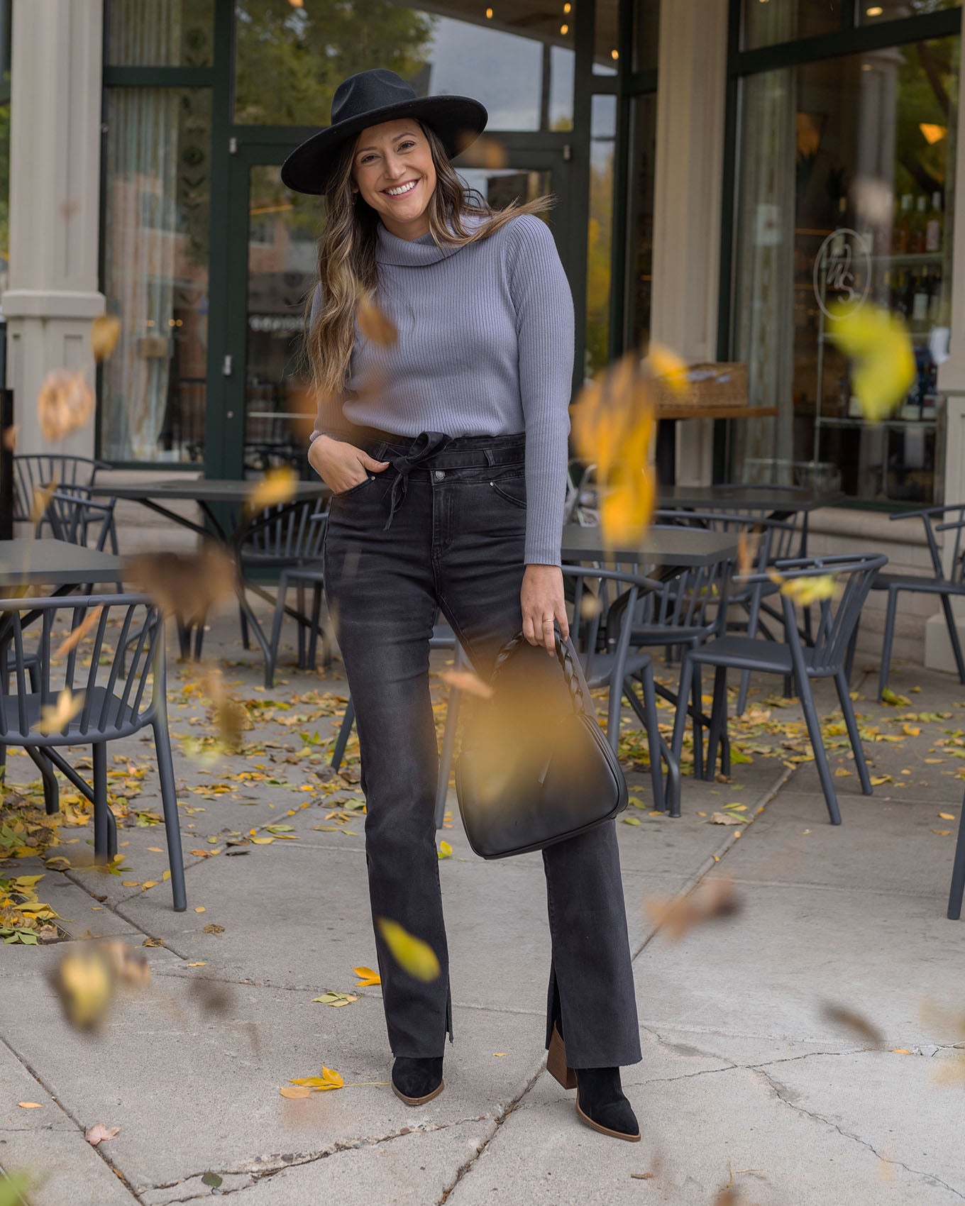 full body styled view of light blue ribbed turtleneck