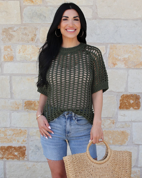 Open Knit Olive Short Sleeve Pullover - Grace and Lace