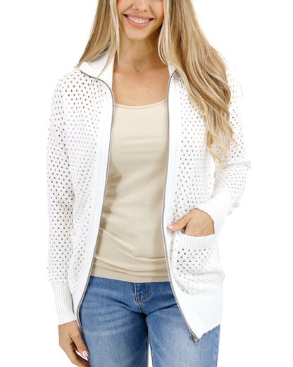 Open front stock shot of White Open Knit Zippered Cardigan