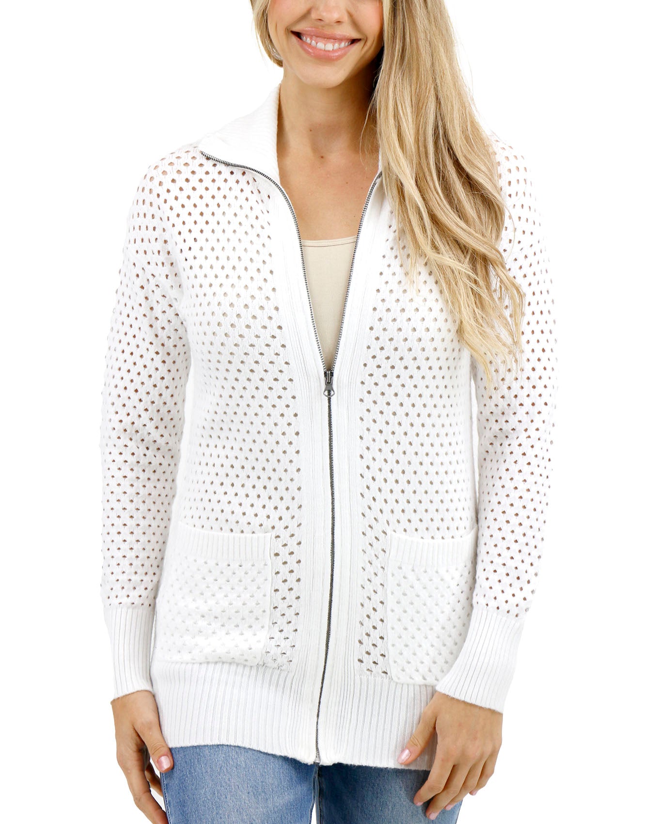Zipped front stock shot of White Open Knit Zippered Cardigan
