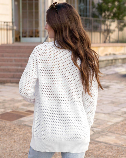 Back view of White Open Knit Zippered Cardigan