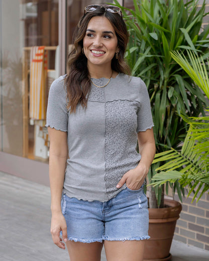 Full styled view of Heathered Grey Patched Ribbed Knit Tee