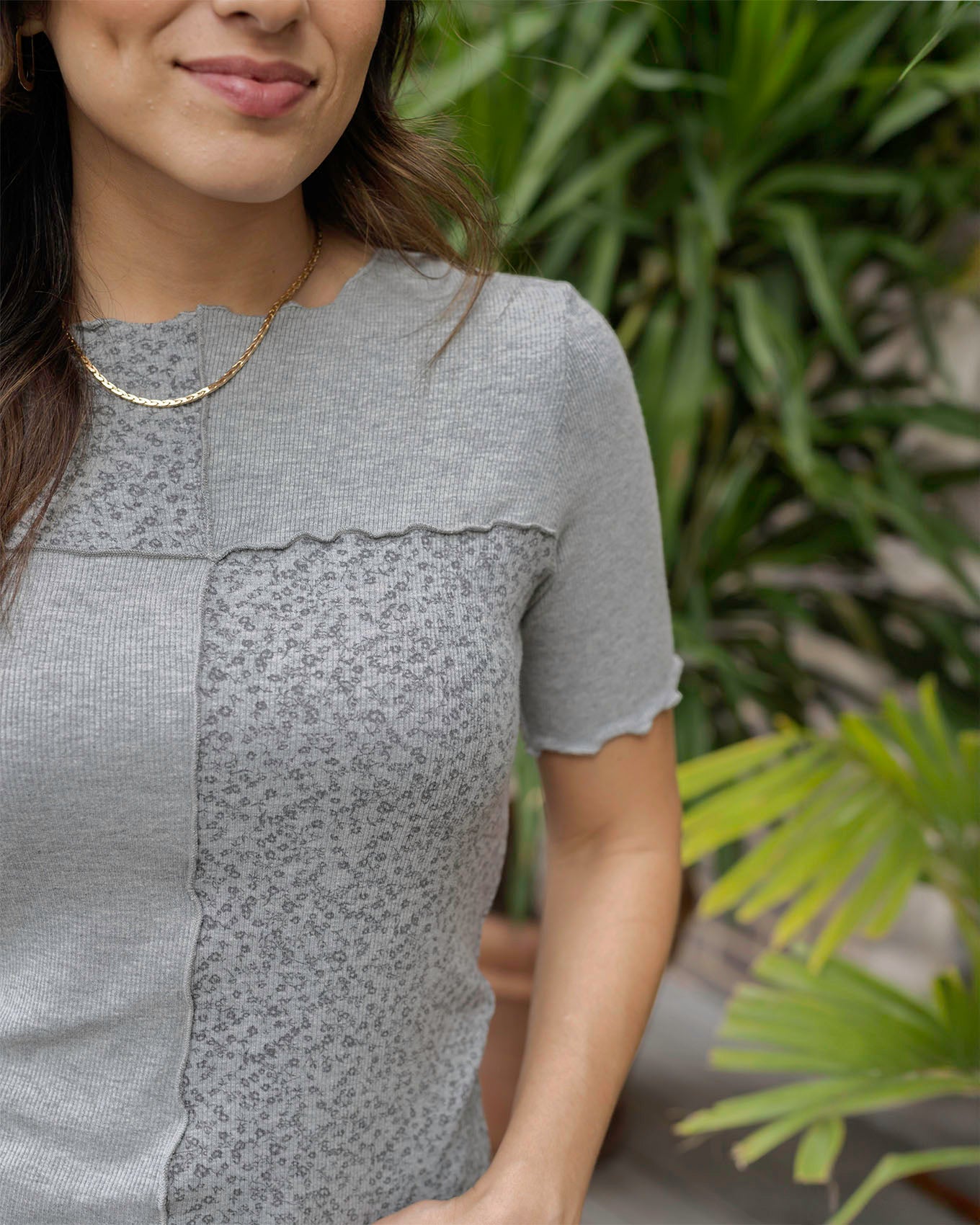 Close up view of Heathered Grey Patched Ribbed Knit Tee