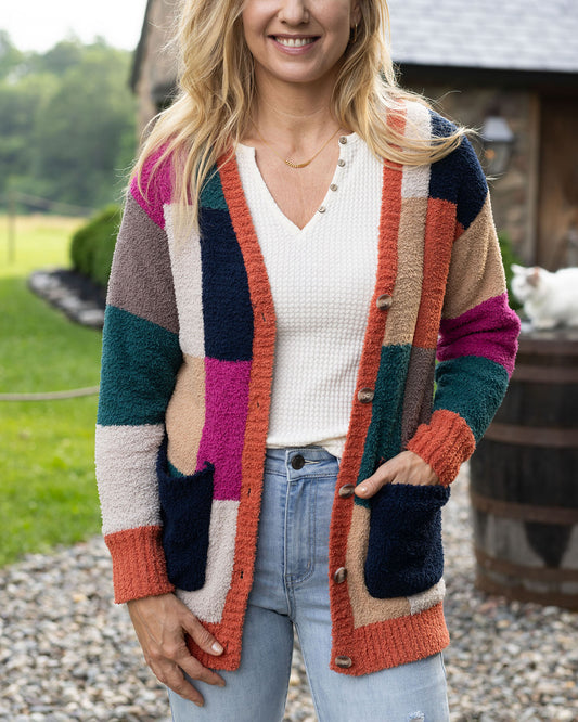 front view of cloud patchwork cardi