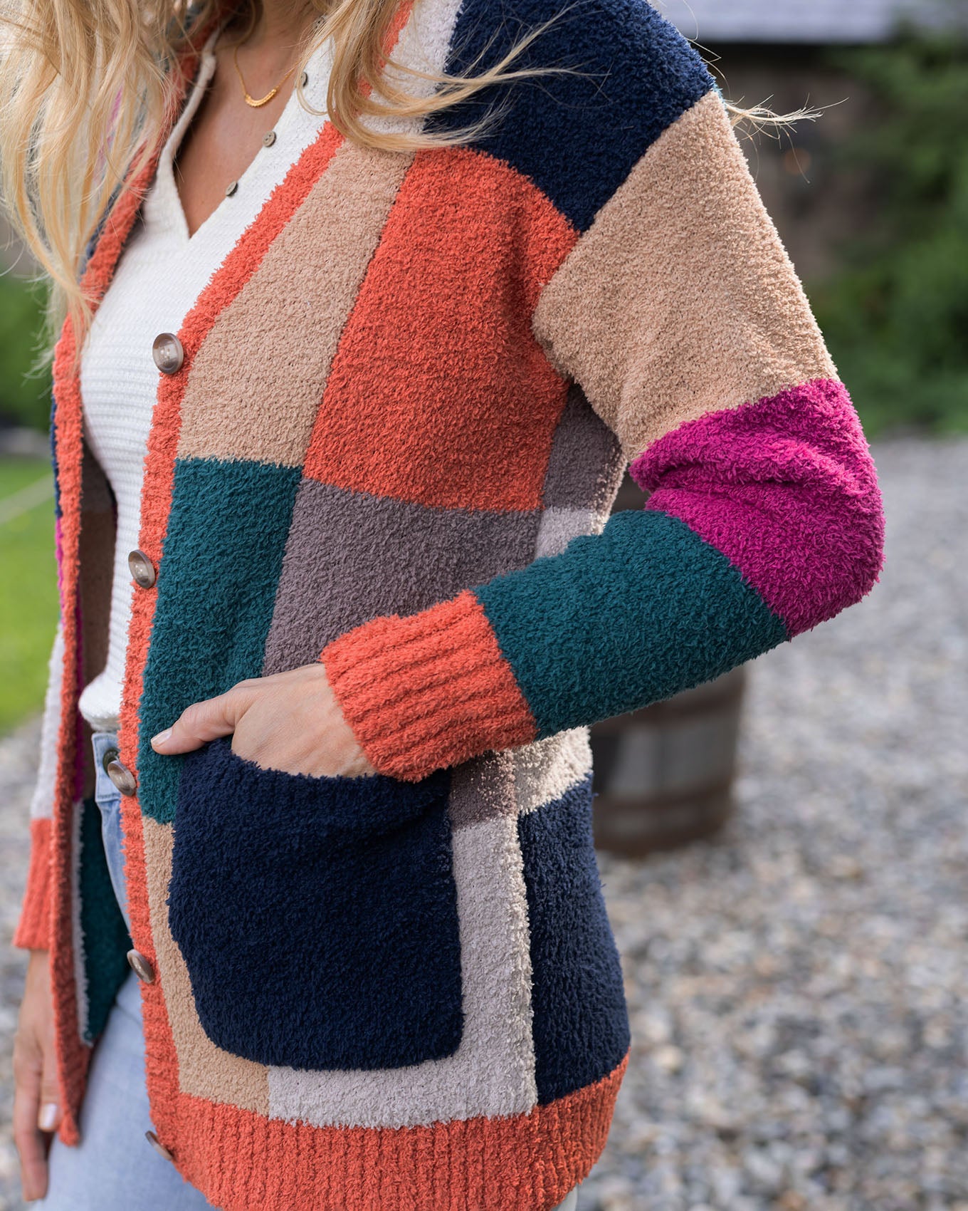 detail view of cloud patchwork cardi