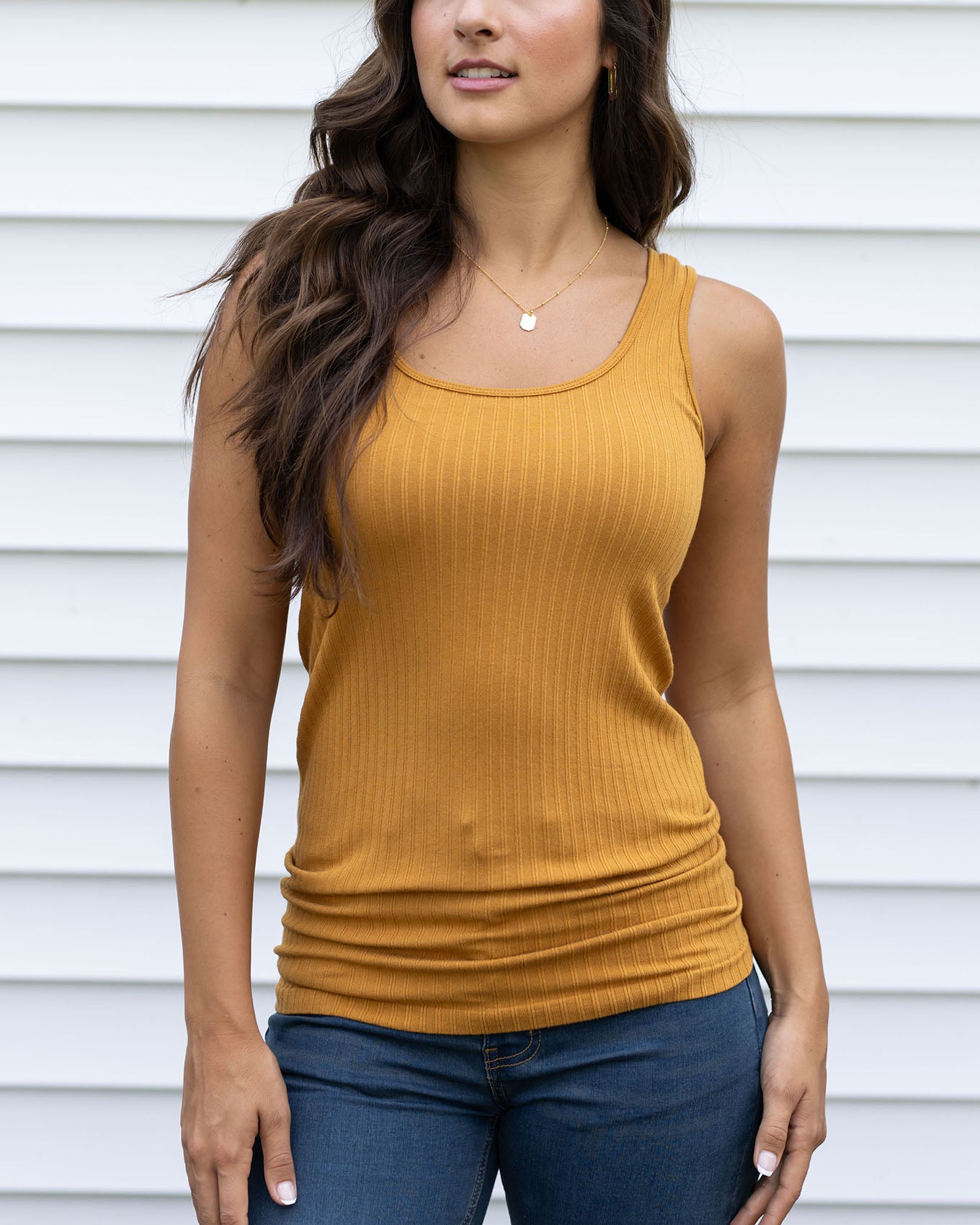 front view of deep mustard seamless ribbed tank