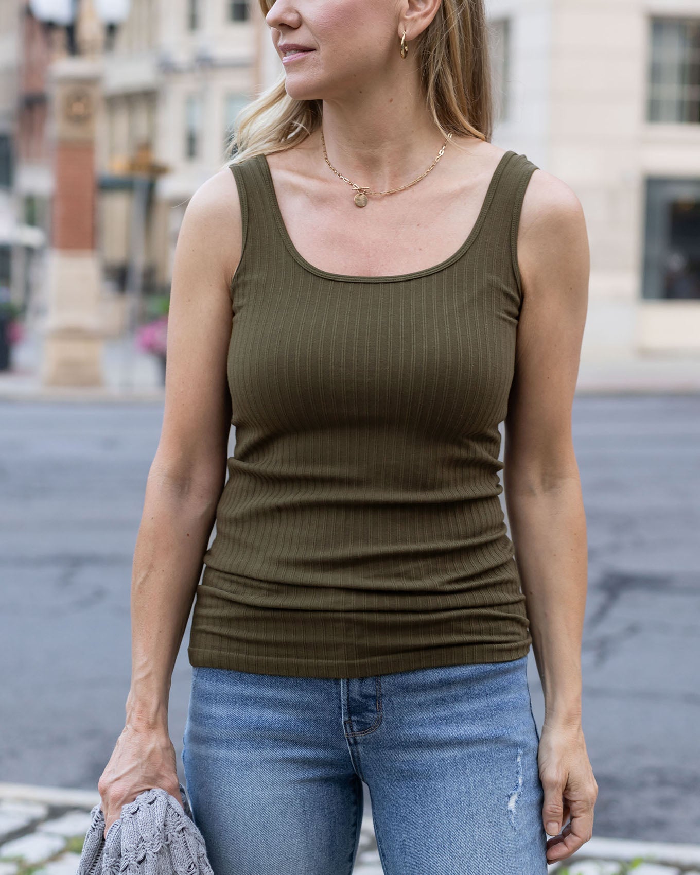close up view of olive seamless ribbed tank