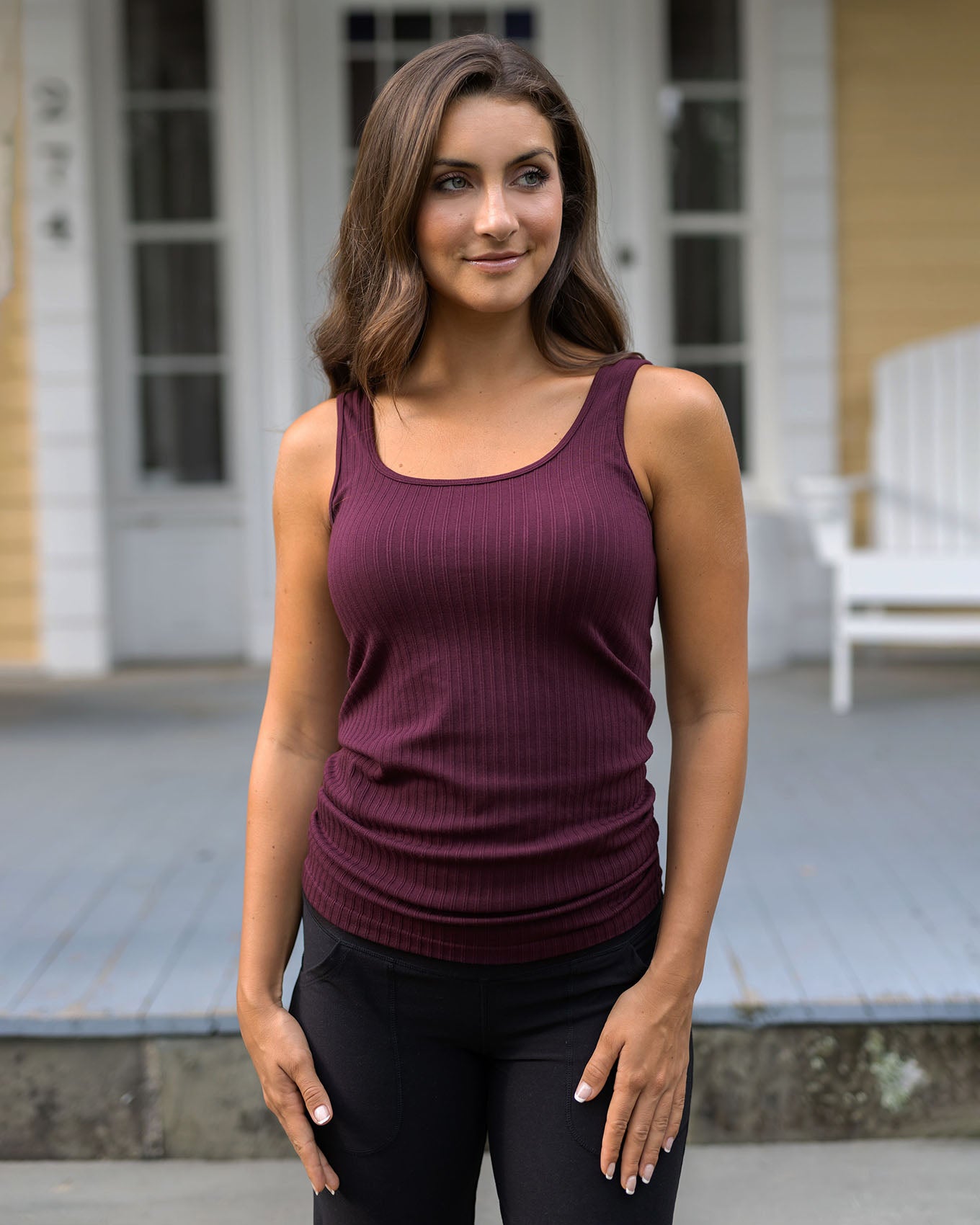 front close up view of purple raisin seamless ribbed tank