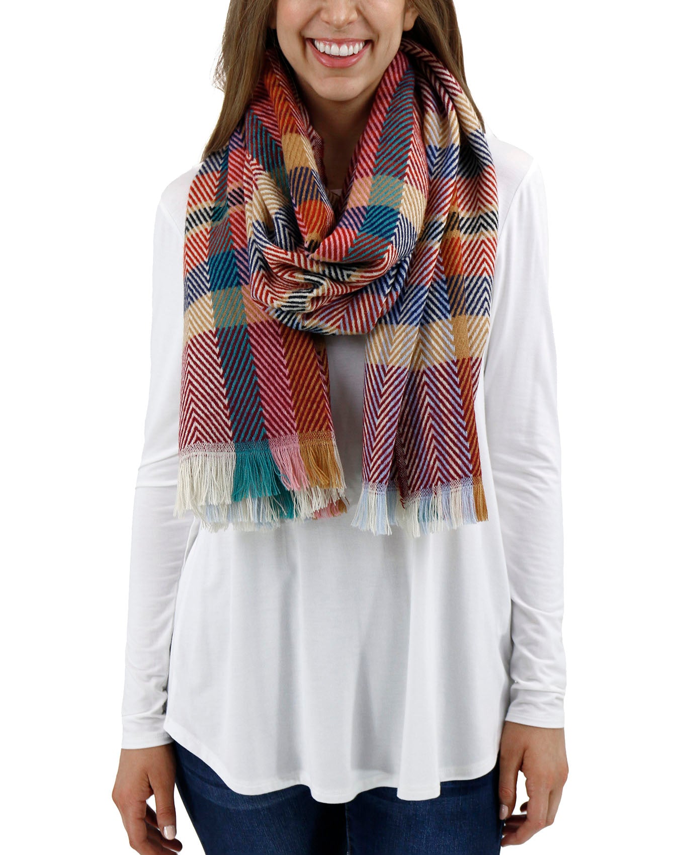 front view stock shot of cranberry plaid scarf