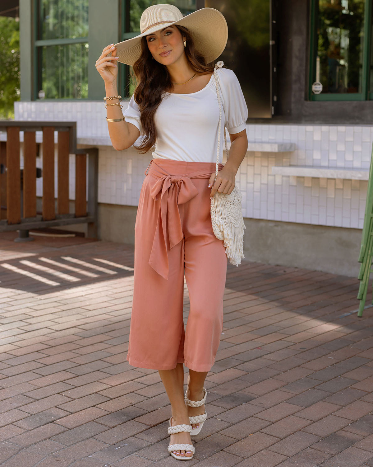 Full body styled view of wide leg cropped pants