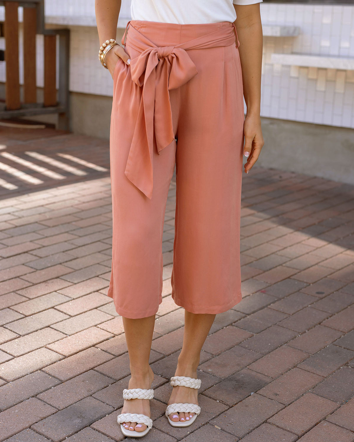 Front view of wide leg cropped pants
