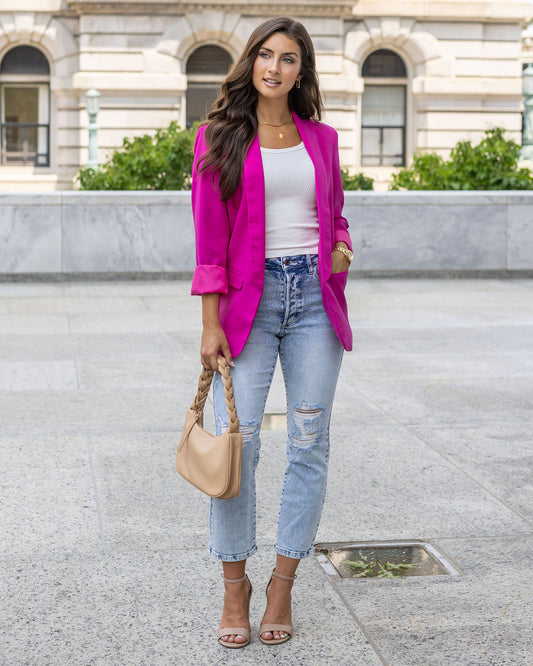 front view of pocketed magenta fashion blazer