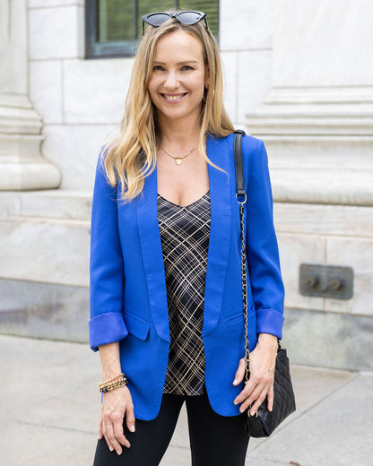 front styled view of pocketed royal blue fashion blazer
