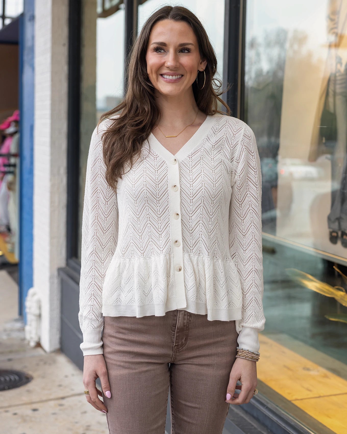 Pointelle Ivory Peplum Cardigan - Grace and Lace