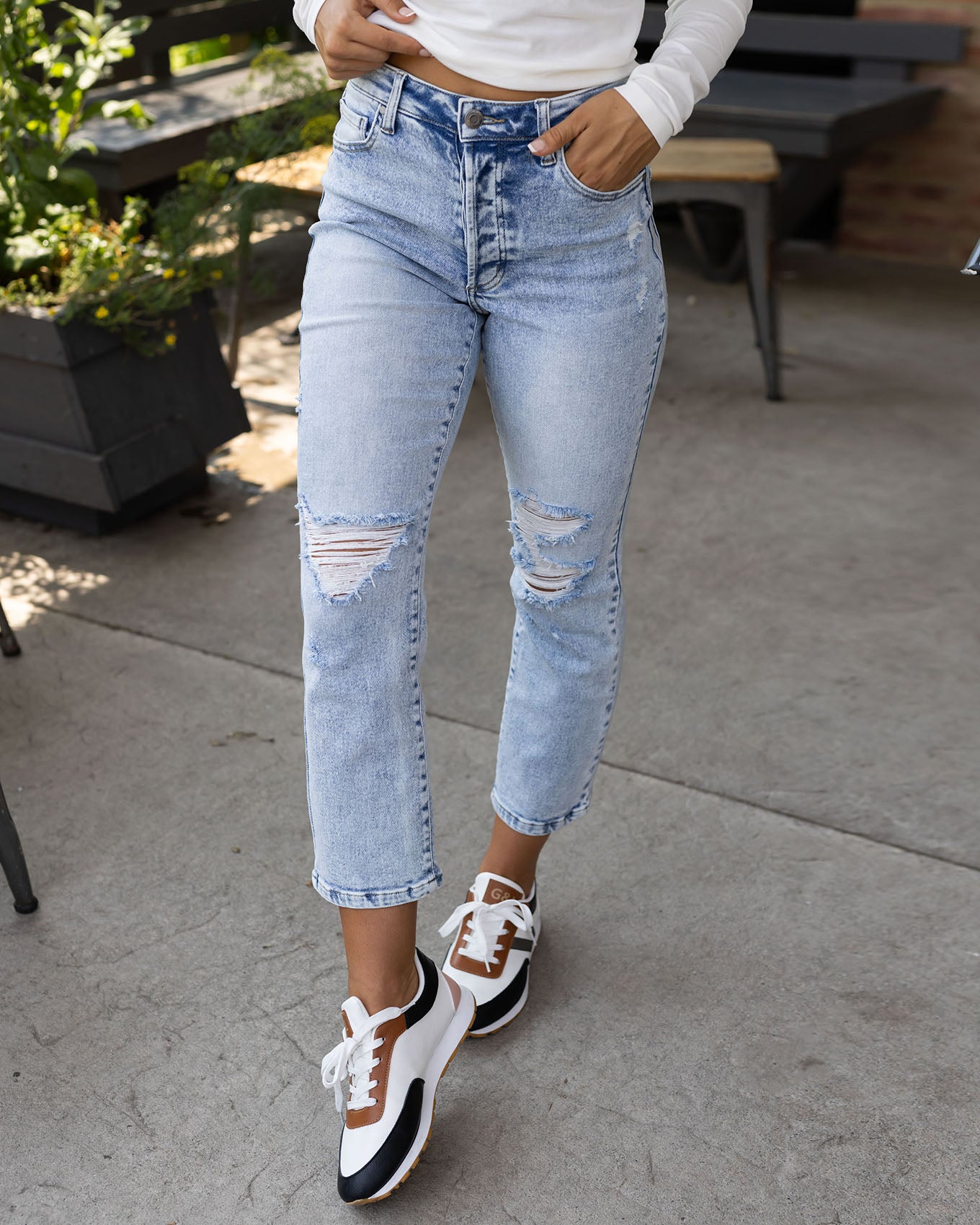 Premium Denim High Waisted Mom Jeans in Distressed Light Mid-Wash