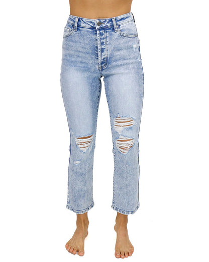 front view stock shot of premium high waisted mom jeans in distressed light mid-wash