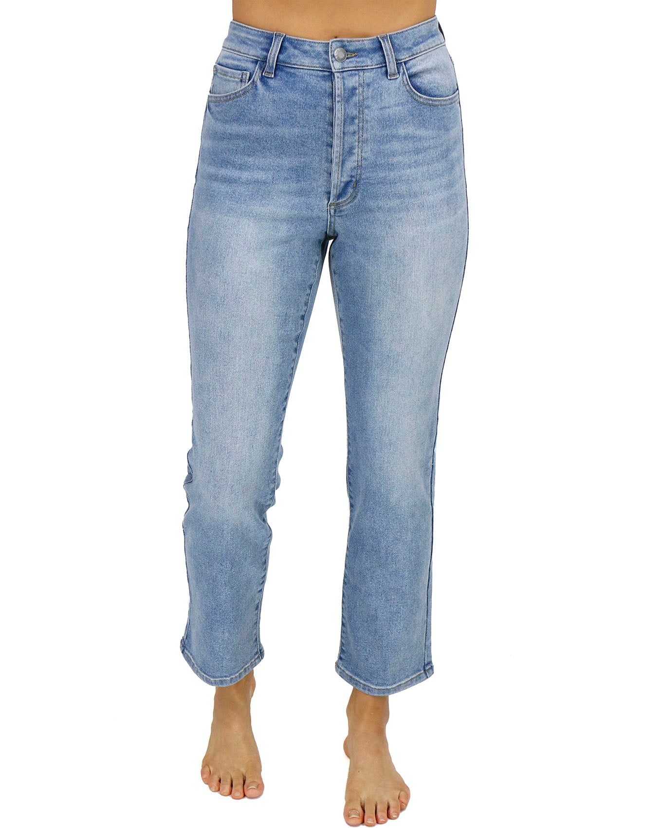 front view stock shot of premium high waisted mom jeans in non distressed mid-wash