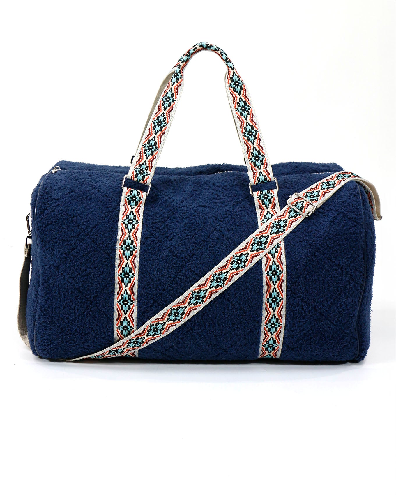 Full side view of Navy Multi Quilted Cloud Duffle Bag