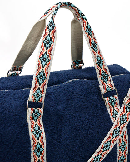 Close up view of Navy Multi Quilted Cloud Duffle Bag