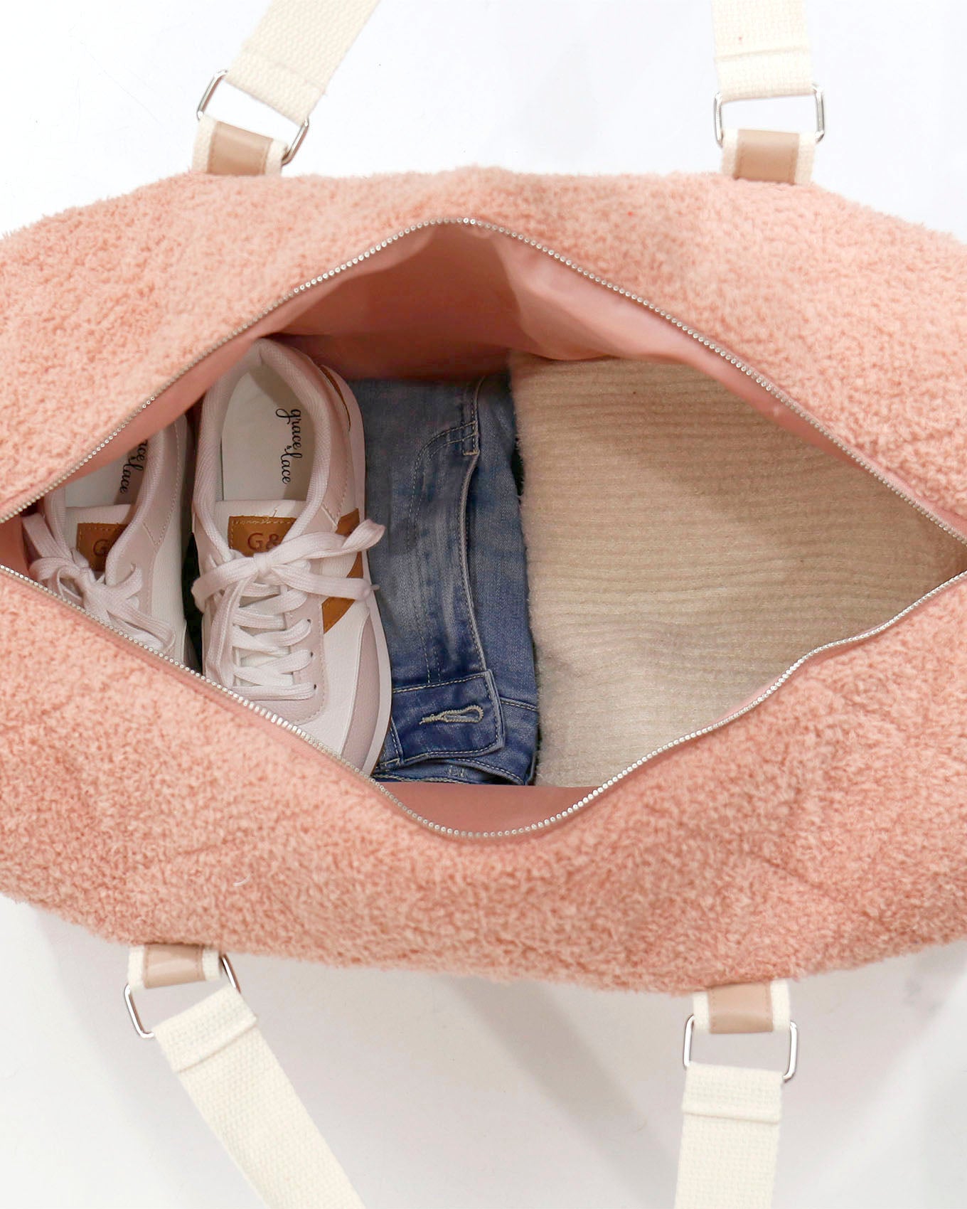 Interior view of Pink Quilted Cloud Duffle Bag
