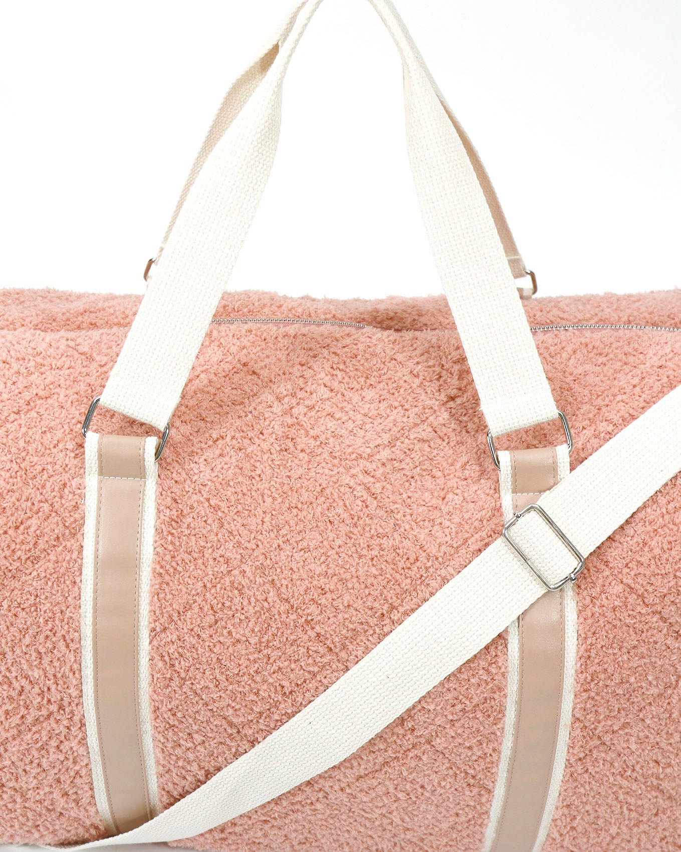 Close up view of Pink Quilted Cloud Duffle Bag