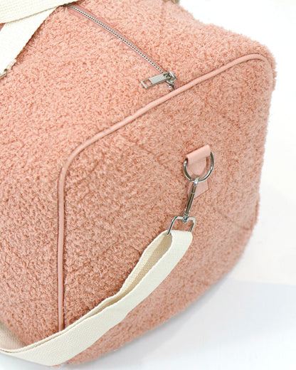 Side close up view of Pink Quilted Cloud Duffle Bag