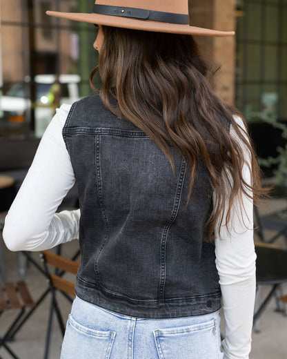 Back view of Washed Black Repurposed Denim Vest