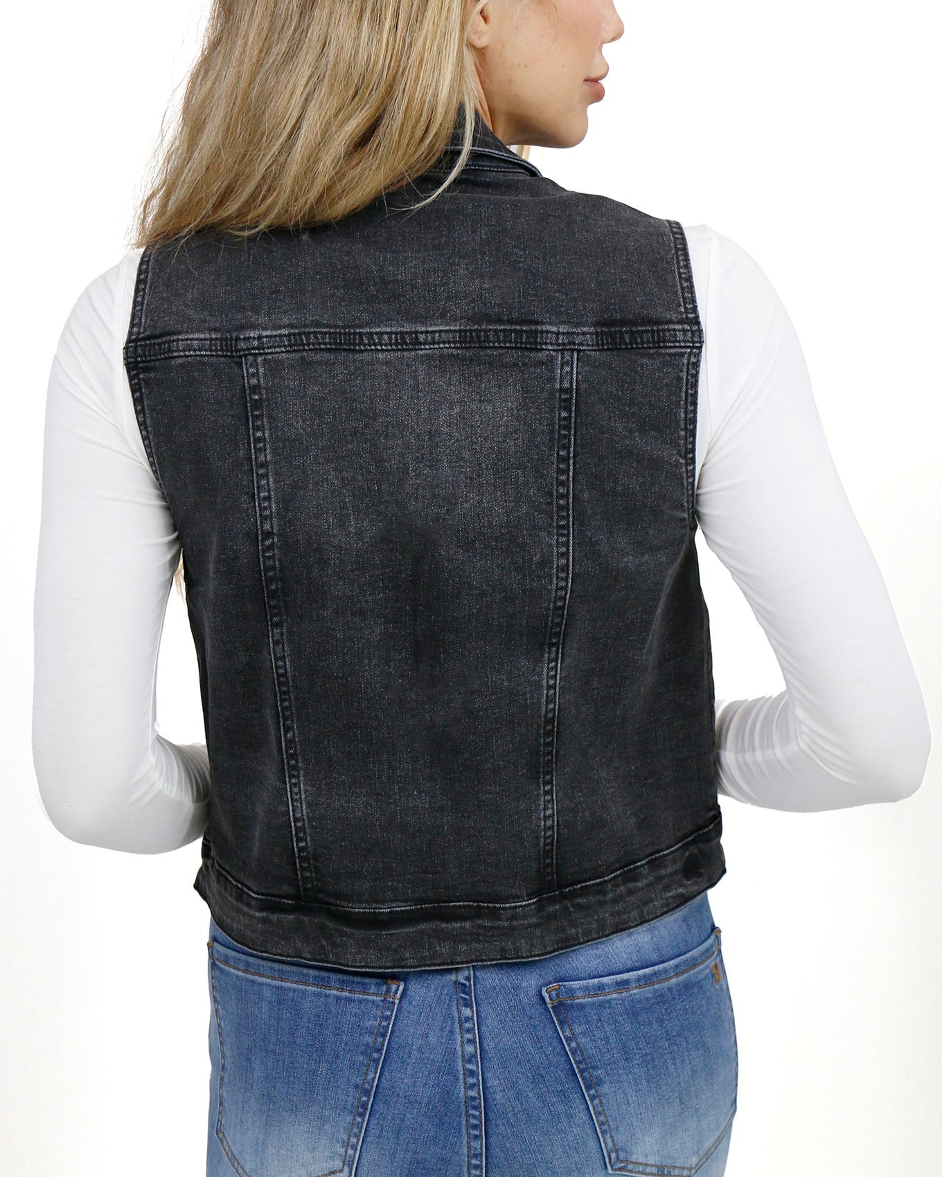 Back stock shot of Washed Black Repurposed Denim Vest