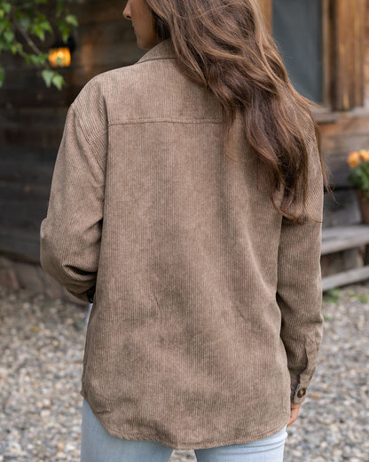 back view of olive corduroy shacket