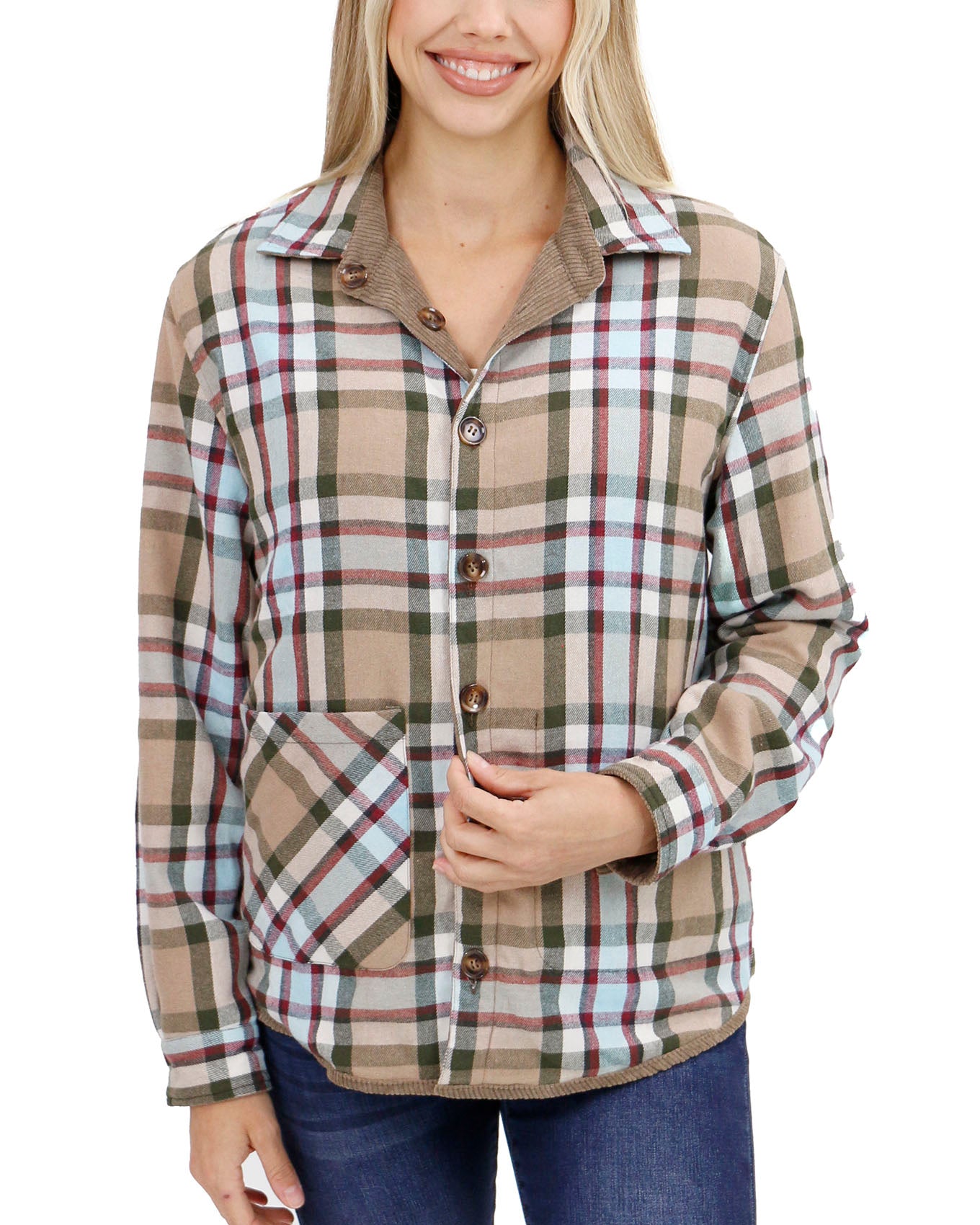 front view buttoned stock shot of plaid corduroy shacket