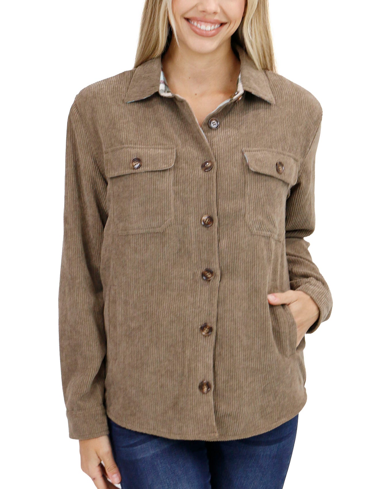 front view buttoned stock shot of olive corduroy shacket