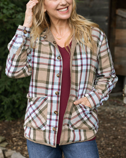 front view of plaid corduroy shacket