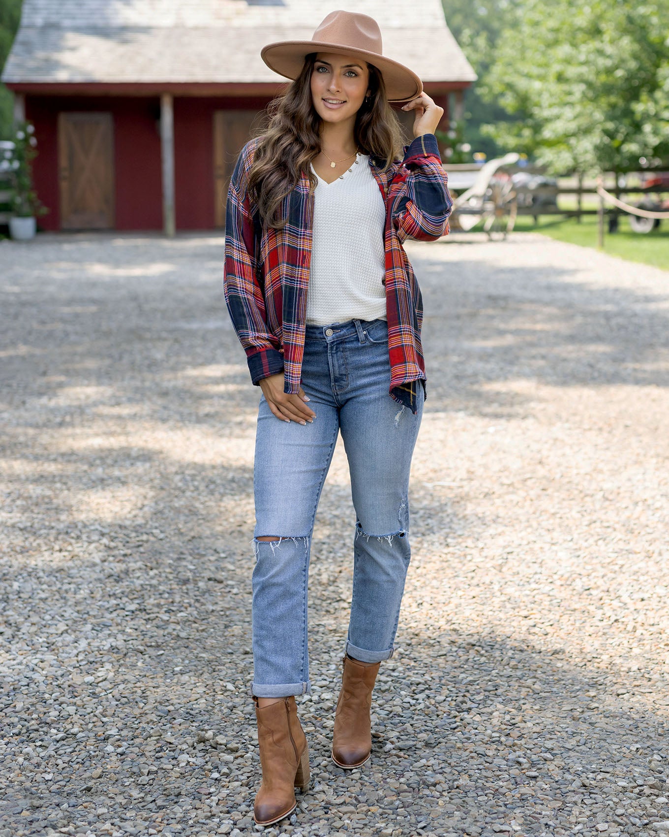 styled view of reversible plaid shirt