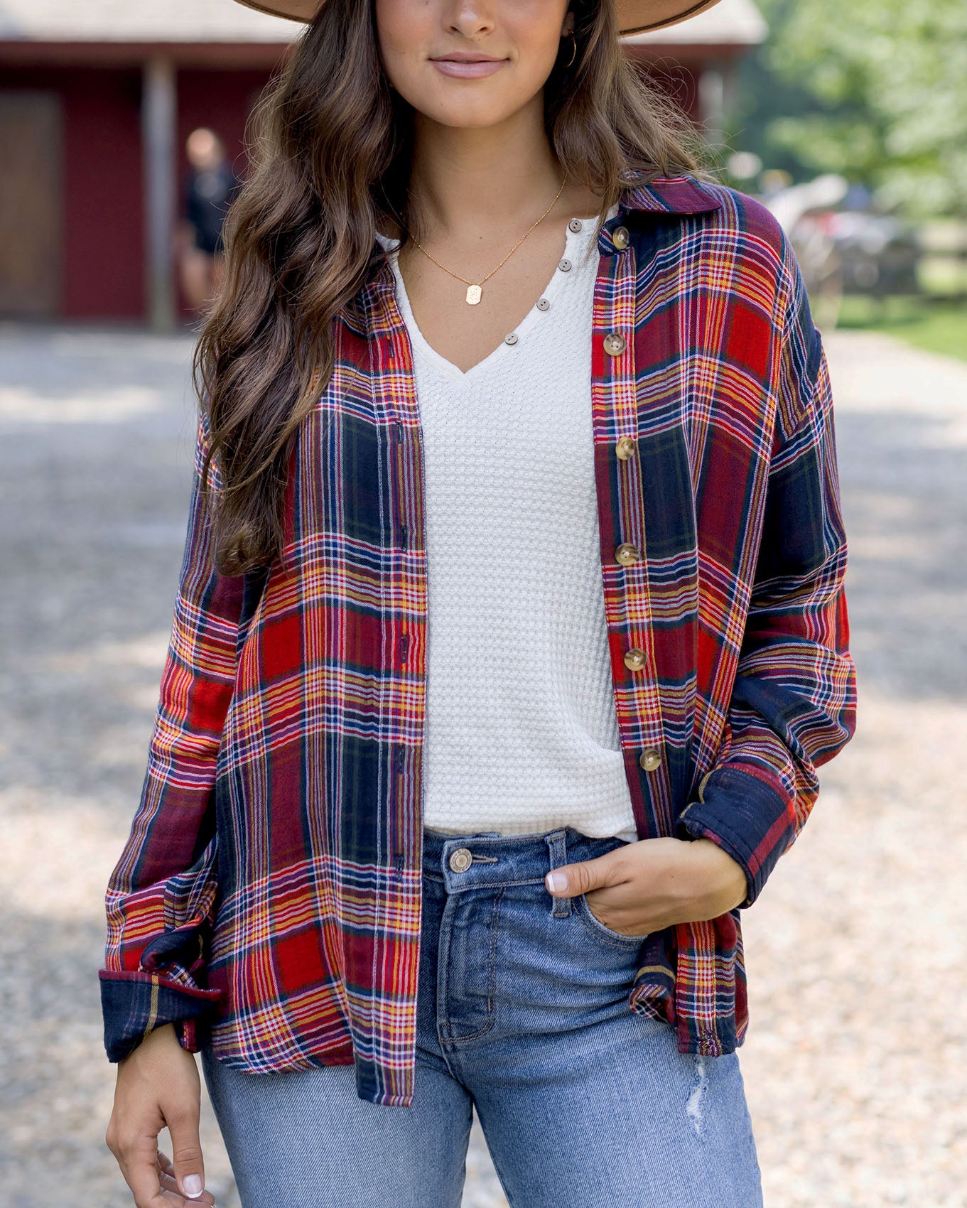 Flannel, Cream Tee, Black Denim, Black Leather Sandals, Ona Bags