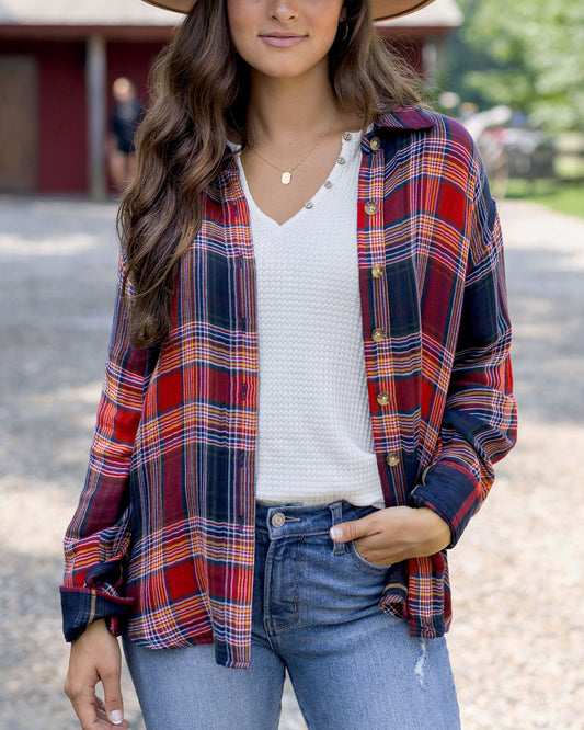 front view of reversible plaid shirt