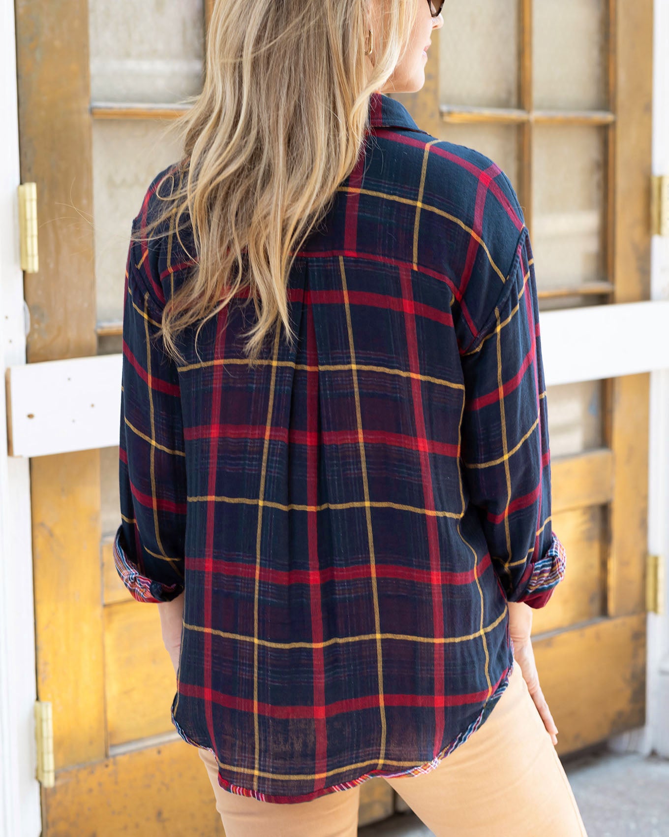 back view of reversible plaid shirt