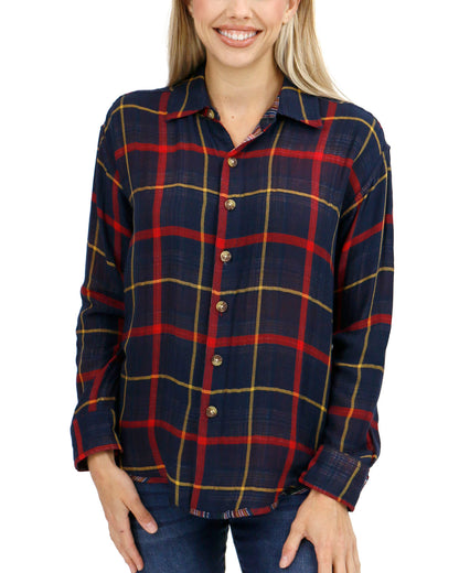 front view stock shot of reversible plaid shirt