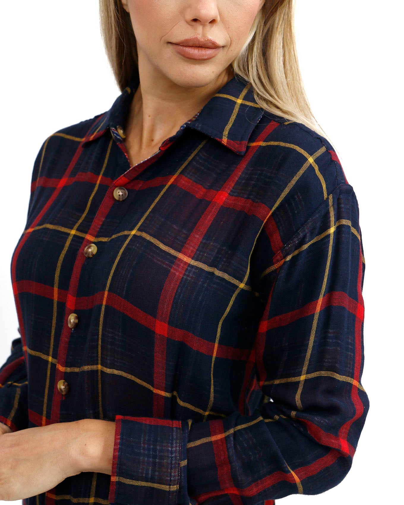 detail view of reversible plaid shirt