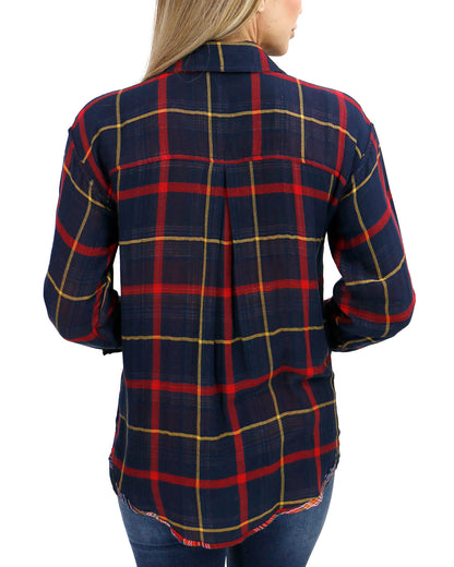 back view stock shot of reversible plaid shirt