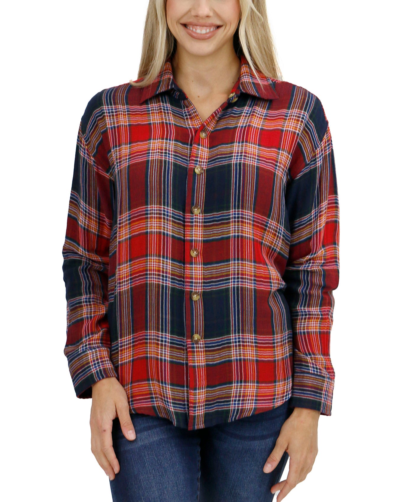 front view stock shot of reversible plaid shirt