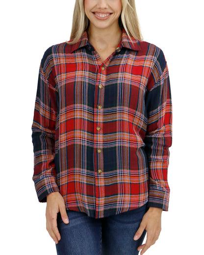 front view stock shot of reversible plaid shirt